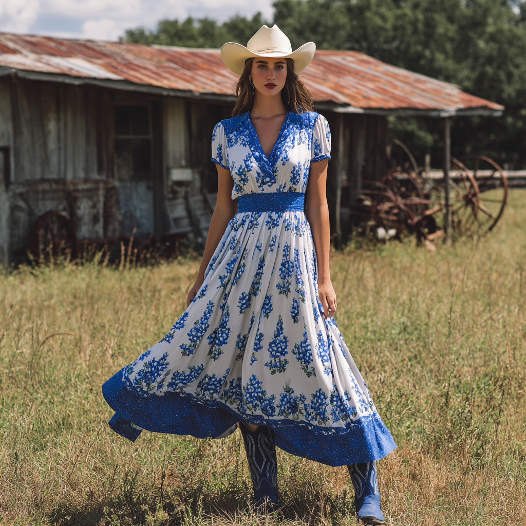 Women's Vintage Texas Bluebonnets Print V-neck Short Sleeves Midi Dress elevenforest