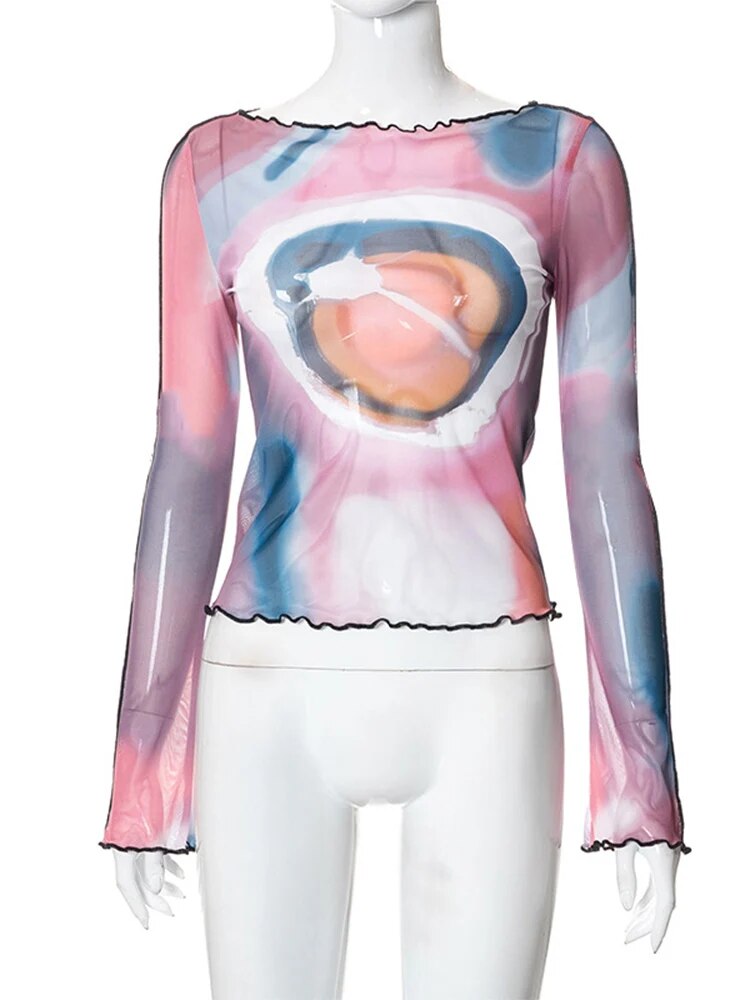 Y2k Long Sleeve Crop Top Grunge Fairycore Tie Dye Print Long Sleeve T Shirts 2000s Clothes Mesh Tee