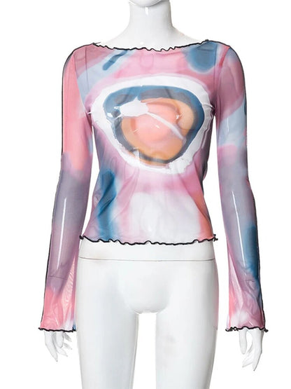 Y2k Long Sleeve Crop Top Grunge Fairycore Tie Dye Print Long Sleeve T Shirts 2000s Clothes Mesh Tee