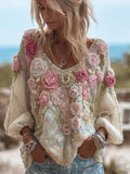 Women's Vintage Floral V-neck Long-sleeved Top elevenforest