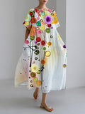 Comstylish Polka Dot Abstract Art Women's Linen Short Sleeve Maxi Dress