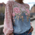 Vintage Pink Roses Embroidered Denim Contrast Linen Tunic elevenforest