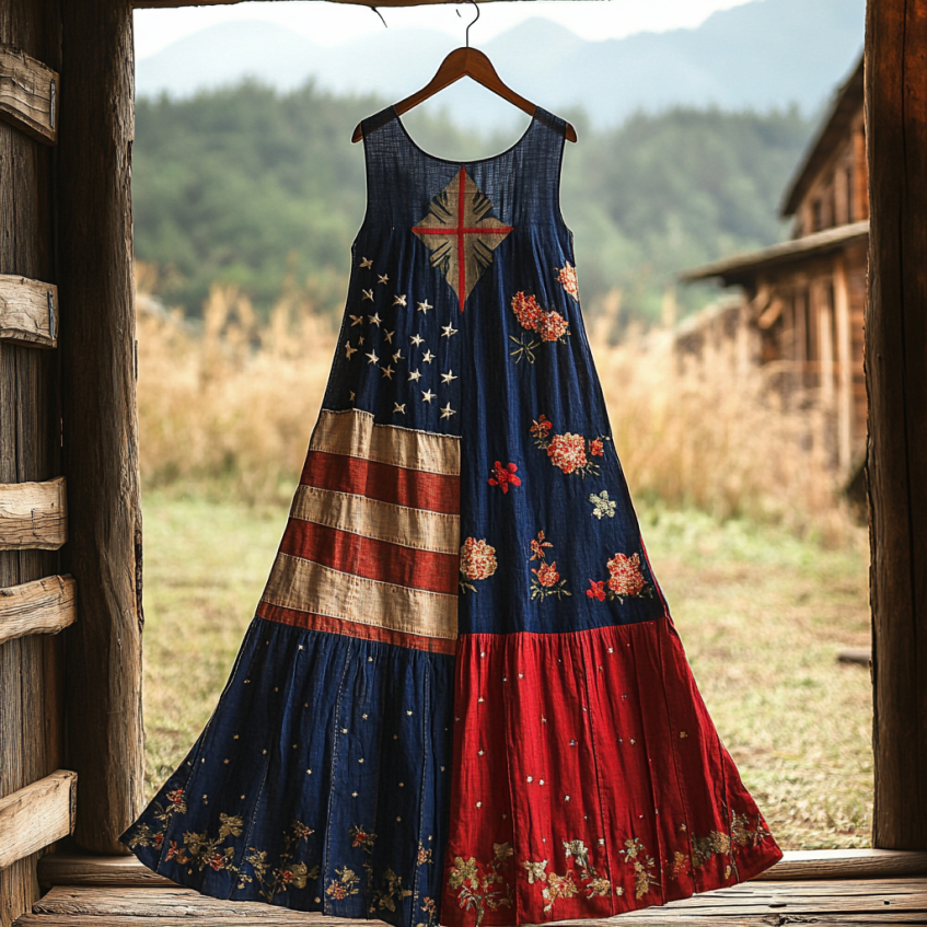 Vintage Boho Independent Day America Flag With Floral In Faith Cross Embroidered Cozy Linen Maxi Dress elevenforest
