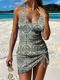 Retro Pattern Print Pleated Drawstring V-neck Tankini Pantskirt Set Swimsuit