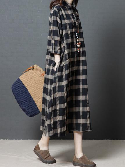 Loose Plaid Ramie Cotton Blouse Midi Dresses
