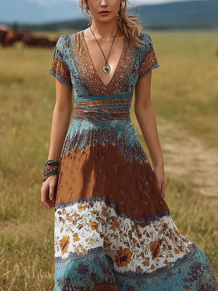 Bohemian Style Retro Floral Pattern Women's V-neck Dress elevenforest