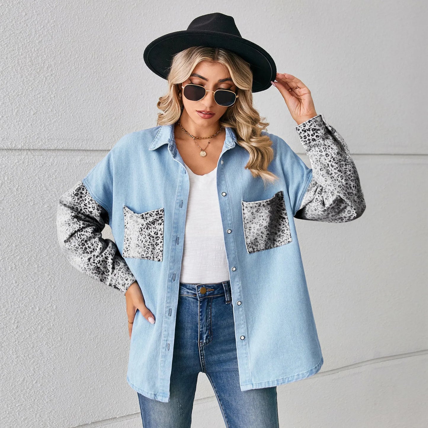 Leopard Print Denim Cardigan With Long Sleeve – Trade Loose Stitching