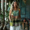 Vintage Geometric Floral Patchwork Art Print Women's Linen Tank Top elevenforest