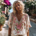 Vintage Pink Rose Embroidery Linen T-shirt elevenforest