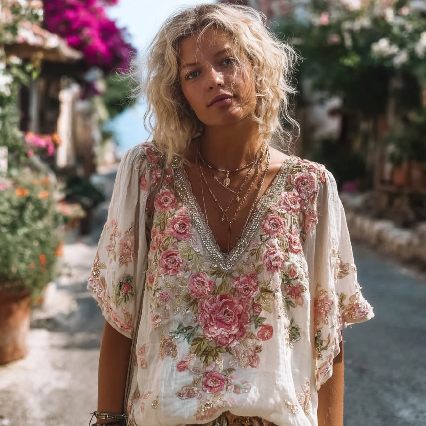 Vintage Pink Rose Embroidery Linen T-shirt elevenforest