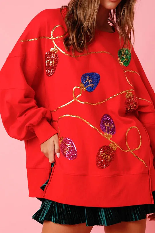 Christmas Lights Sequin Slit Pullover Sweatshirt