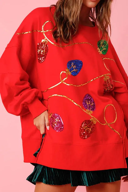 Christmas Lights Sequin Slit Pullover Sweatshirt