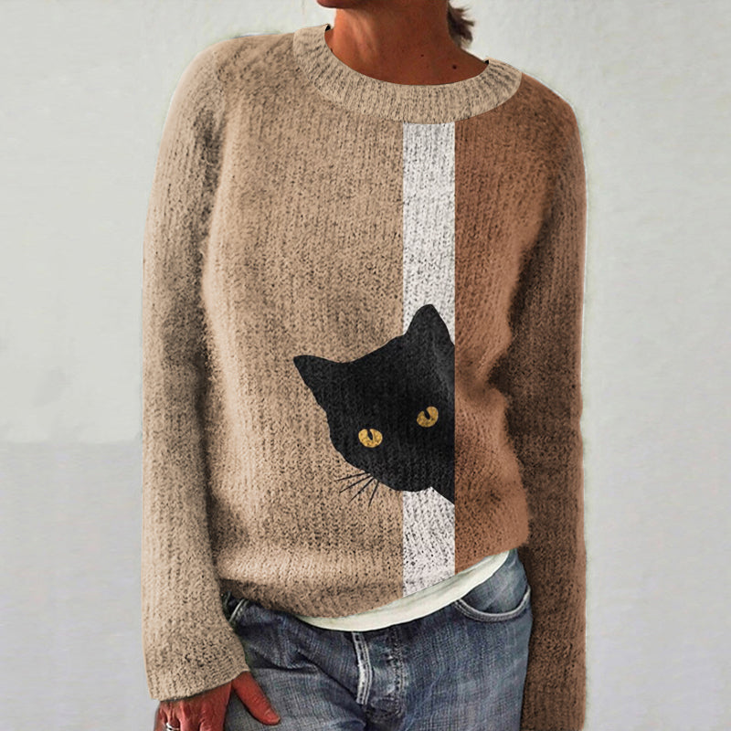 Cute Black Cat Art Print Women's Sweater elevenforest