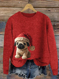 Comstylish Christmas Pug Dog Crochet Art Cozy Knit Sweater