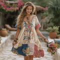 Women's Vintage Floral Stitching Cotton And Linen Dress elevenforest