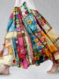 Colorful Boho Patchwork Flowy Linen Blend Wide Skirt elevenforest