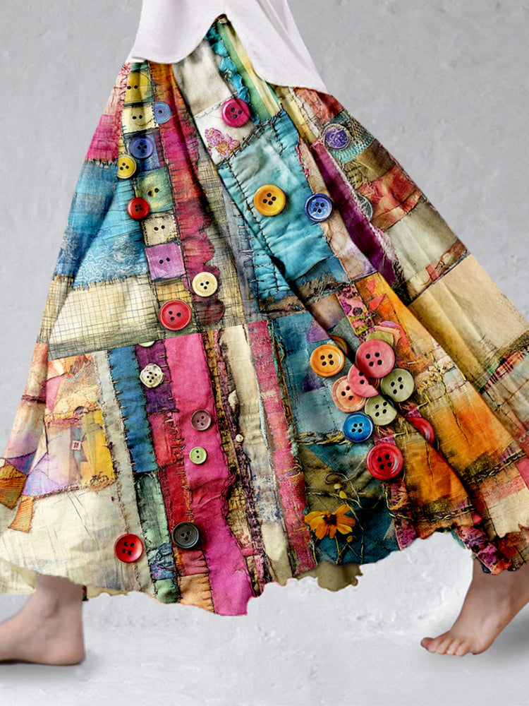 Colorful Boho Patchwork Flowy Linen Blend Wide Skirt elevenforest
