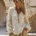 Women's Vintage Rose Floral Lace Embroidery Art V-neck Shirt elevenforest