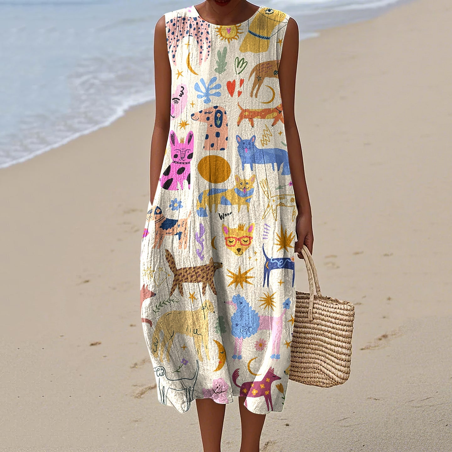Women's Retro Colorful Abstract Dogs Art Print Tank Dress elevenforest