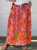 Women's Vintage Floral Art Print Linen Pocket Skirt