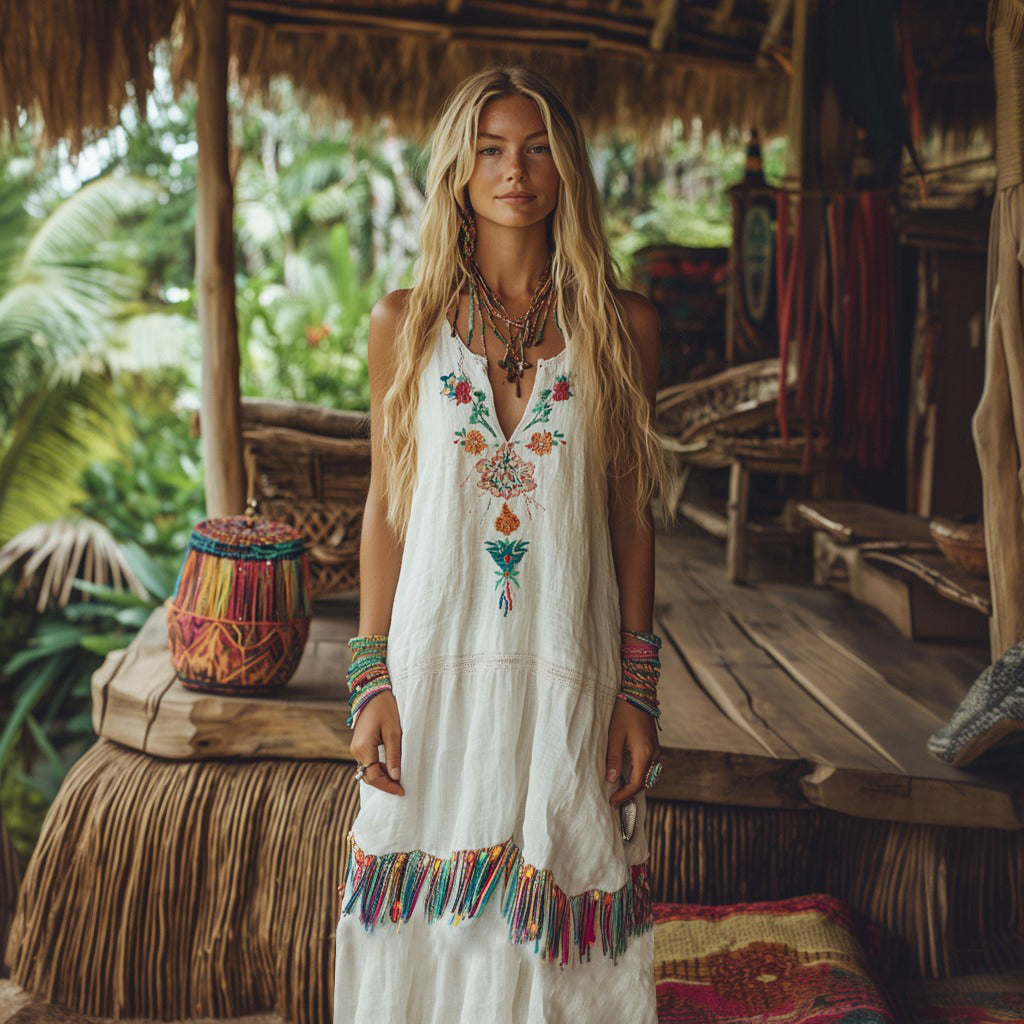 Bohemian Floral Embroidery Tassel Art Sleeveless Cozy Linen Maxi Dress elevenforest