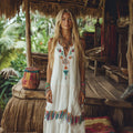 Bohemian Floral Embroidery Tassel Art Sleeveless Cozy Linen Maxi Dress elevenforest