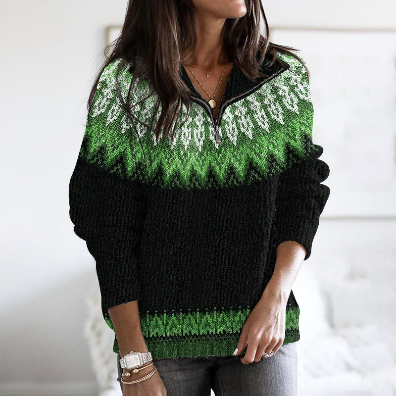 Vintage Tribal Icelandic Pattern Stand Collar Zip Sweater elevenforest