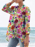Lovely Watercolor Summer Floral Printed Women's Casual Linen V-neck Shirt