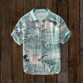 Japanese Cranes Fly Waves Blue Art Linen Short Sleeve Shirt elevenforest