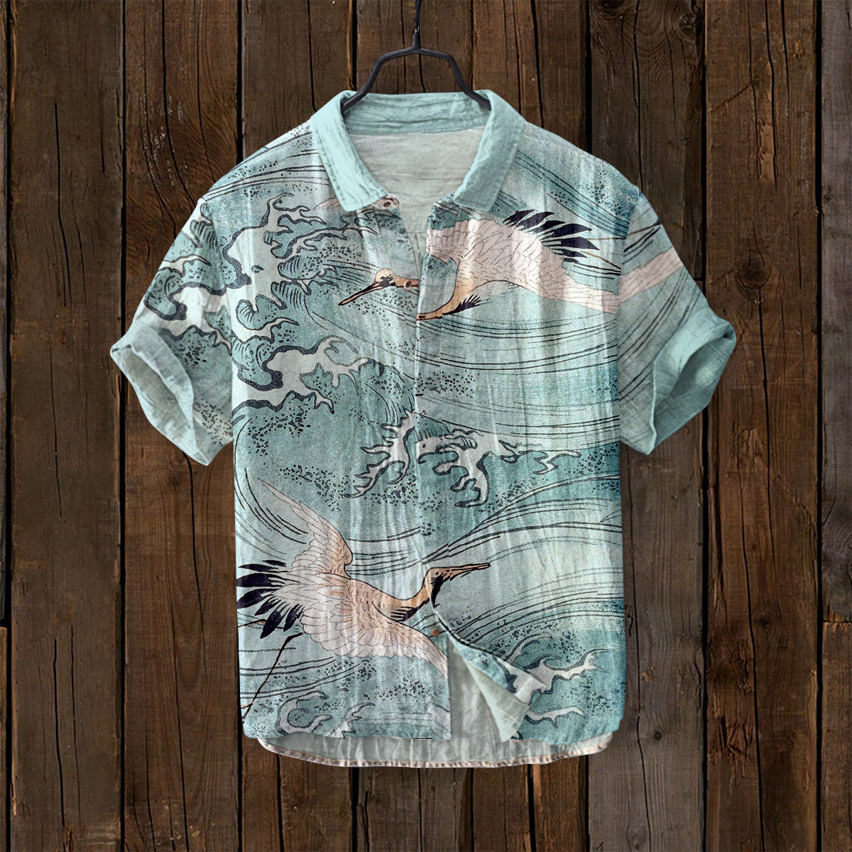 Japanese Cranes Fly Waves Blue Art Linen Short Sleeve Shirt elevenforest