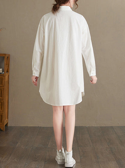 Simple Buttoned Lapel Collar Long Sleeves Blouse
