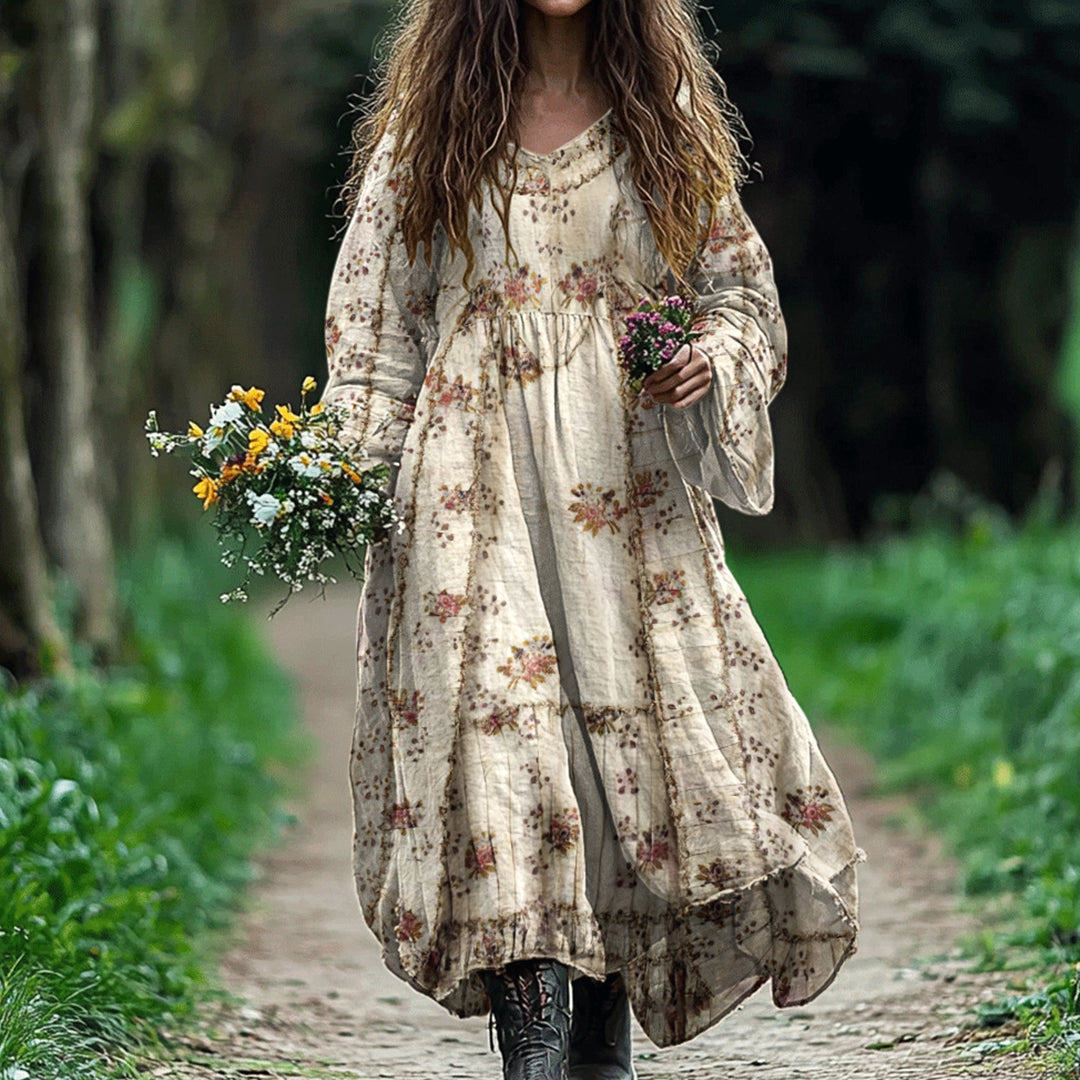 Women's Vintage Floral Print Linen Blend Midi Dress elevenforest