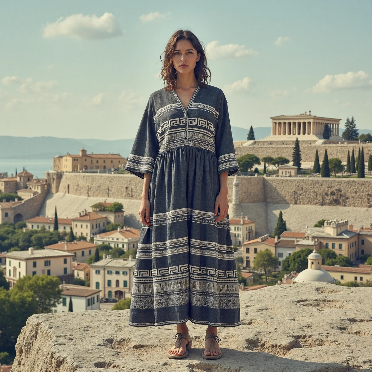 Retro Greek Key Graphics V Neck Linen Blend Dress elevenforest