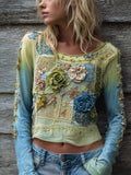 Boho Lace Floral Embroidery Tapering Women's Slim Long Sleeve Top elevenforest