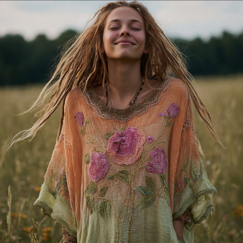 Ladies' Floral Embroidery Tie-dye Vibrant Round-neck Short-sleeved Shirt elevenforest