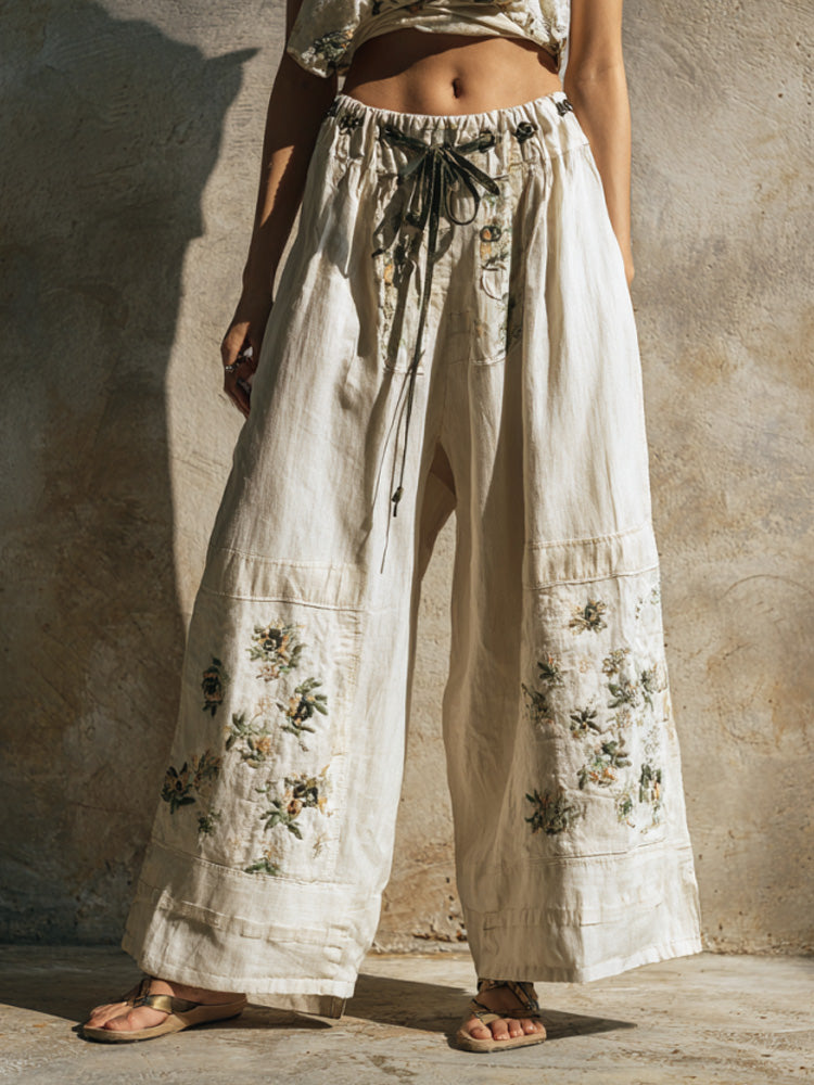 Women's Vintage Embroidery Art Comfy Linen Pant elevenforest