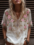 Women's Pink Flower V-neck Vintage Embroidery Short-sleeved Shirt elevenforest