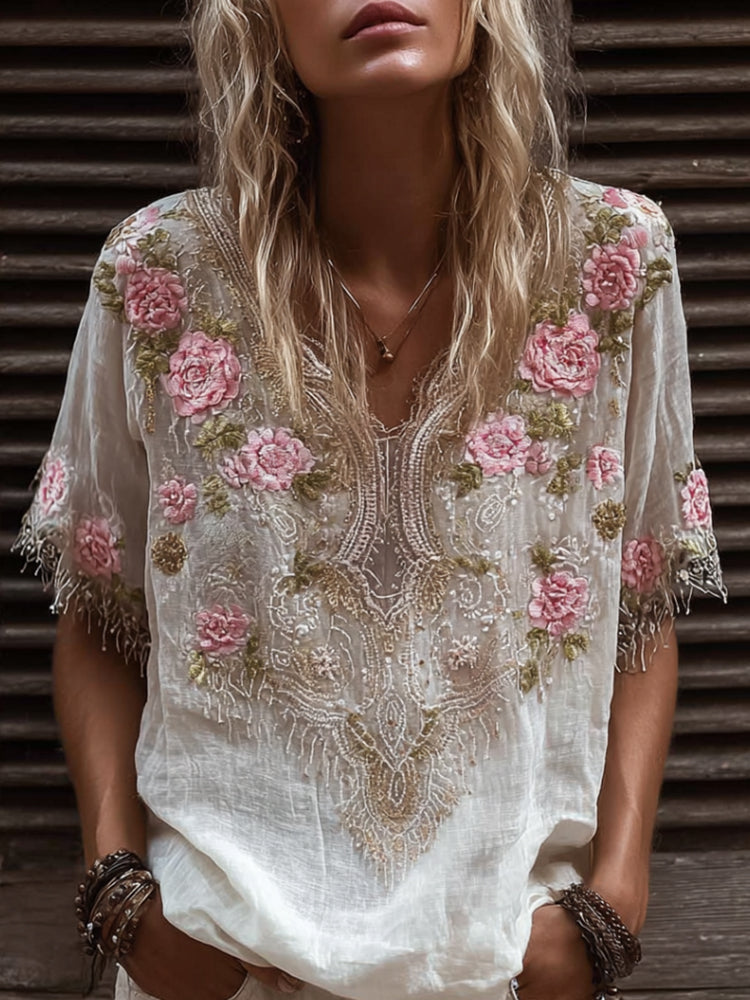 Women's Pink Flower V-neck Vintage Embroidery Short-sleeved Shirt elevenforest
