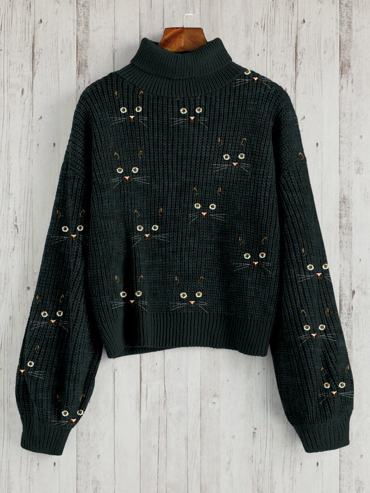 Cute Cat Face Pattern Warm Turtleneck Sweater elevenforest