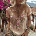 Women's Bohemian Floral Embroidery Art V-neck Linen Blend T-shirt elevenforest