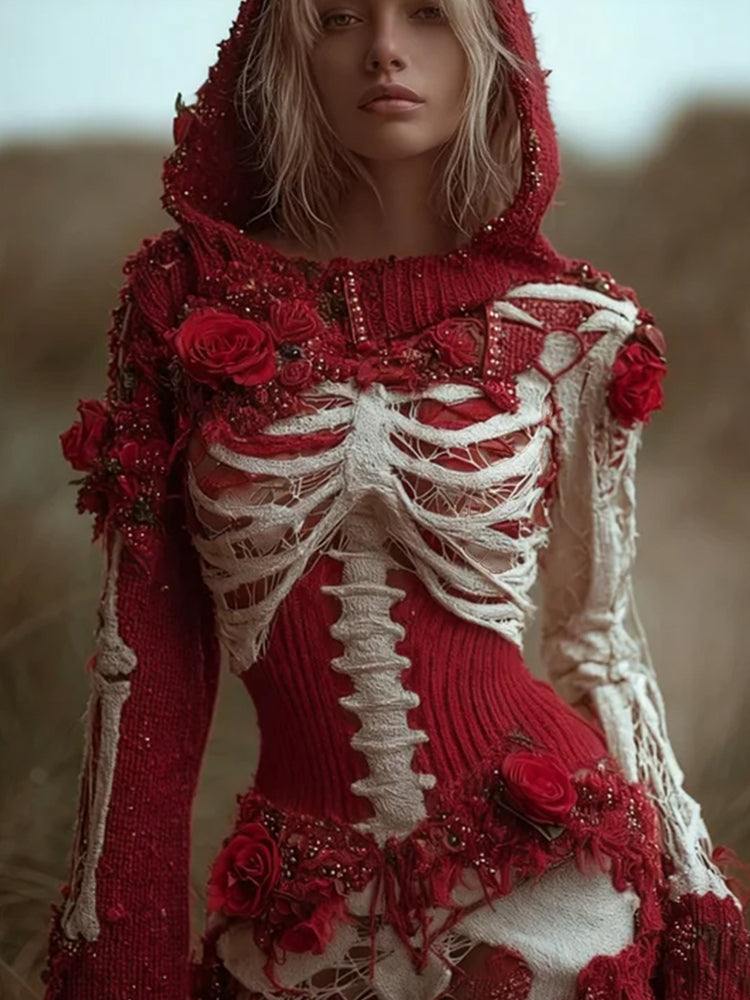 Halloween Skeleton&red Rose Elegant Bandage Hooded Sweater artswardrobe
