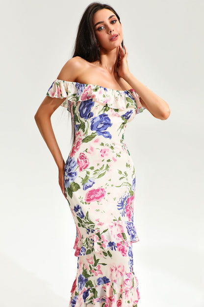 Tiered Ruffle Hem Fishtail Maxi Dress