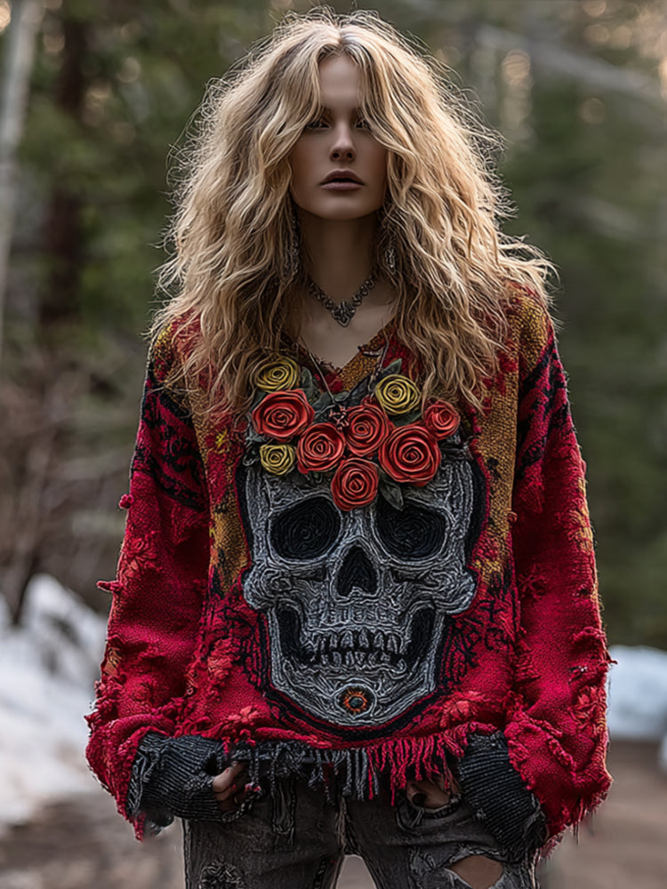 Women's Vintage Rose Skull-print Distressed V-neck Top elevenforest