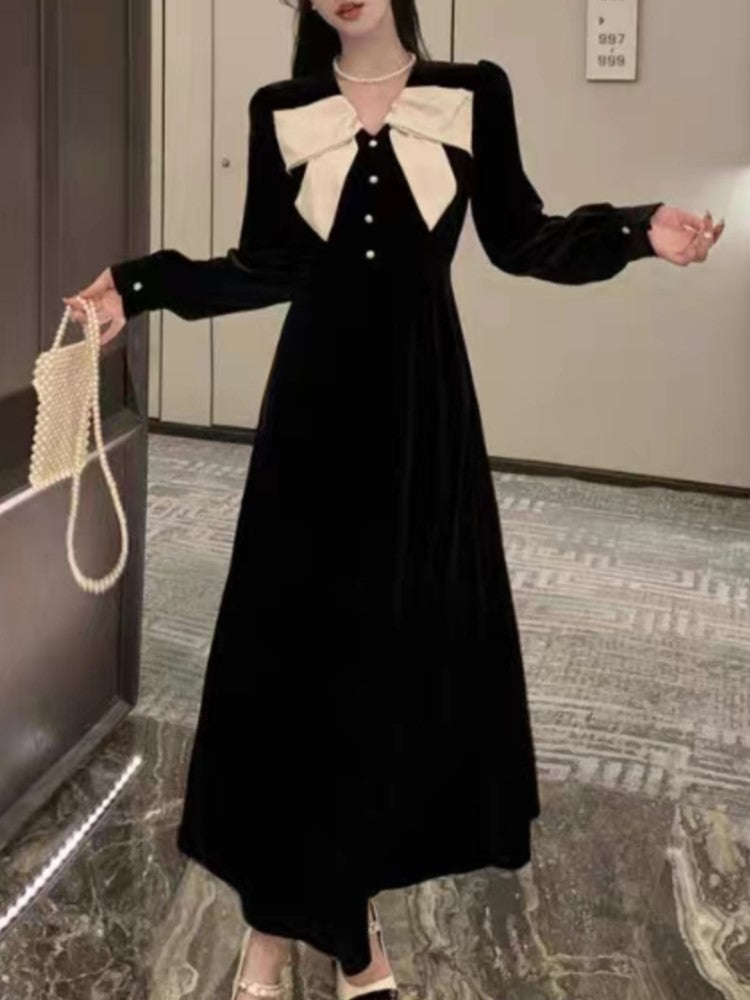 ’s Velvet Midi Dress Autumn Spring Bow Design V-neck Long Sleeve A-line French Evening Party Prom Robe Vestidos New