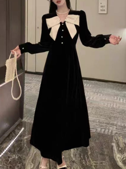 ’s Velvet Midi Dress Autumn Spring Bow Design V-neck Long Sleeve A-line French Evening Party Prom Robe Vestidos New