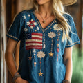 American Flag & Flowers Embroidered Vintage Linen Shirt elevenforest