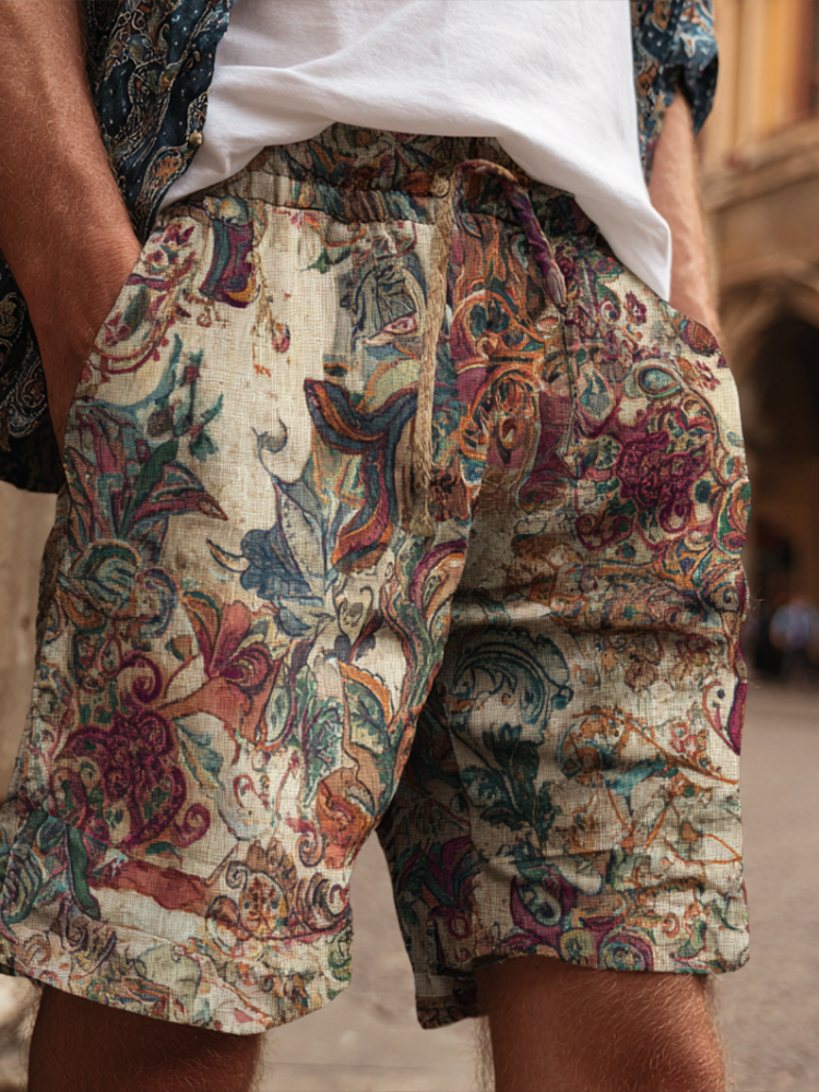 Western Bohemian Style Plant And Flower Pattern Retro Cotton And Linen Loose Men's Shorts elevenforest