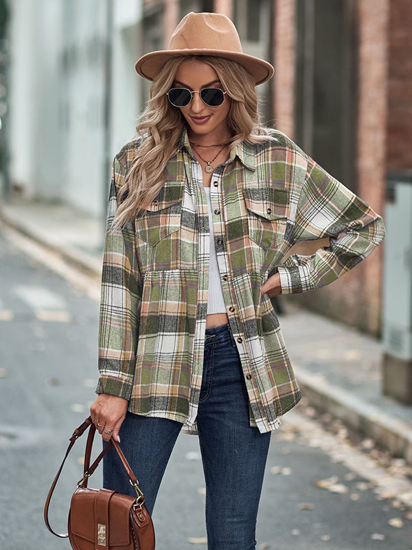 Loose Checkered Lapel Blouses&shirts Tops