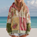 Women's Vintage Rose Floral Patchwork Cozy Warm Zipper Hoodie elevenforest