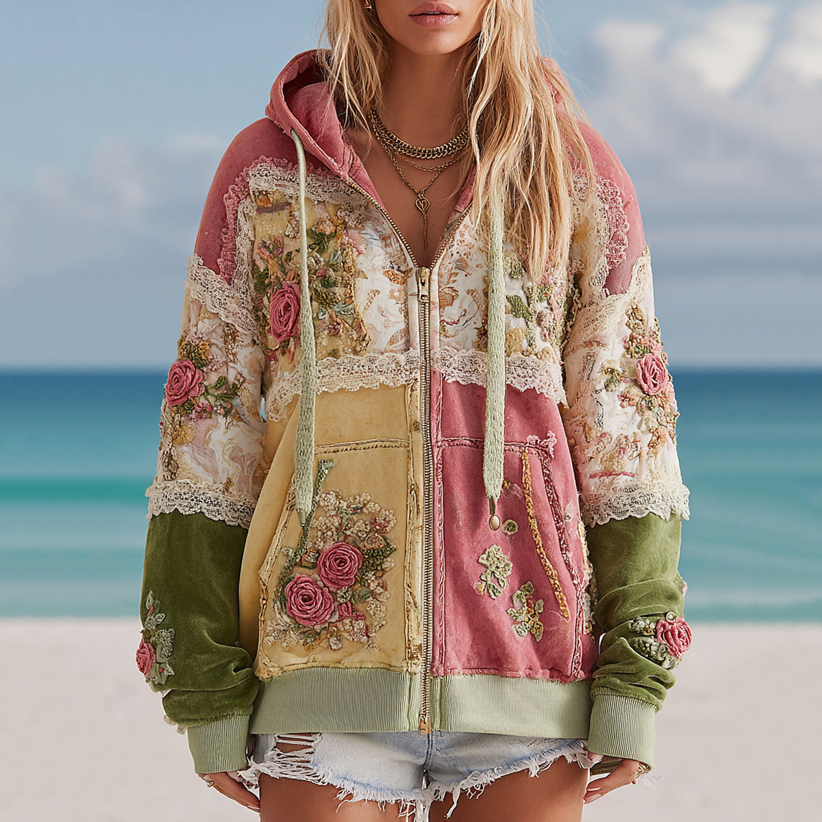 Women's Vintage Rose Floral Patchwork Cozy Warm Zipper Hoodie elevenforest